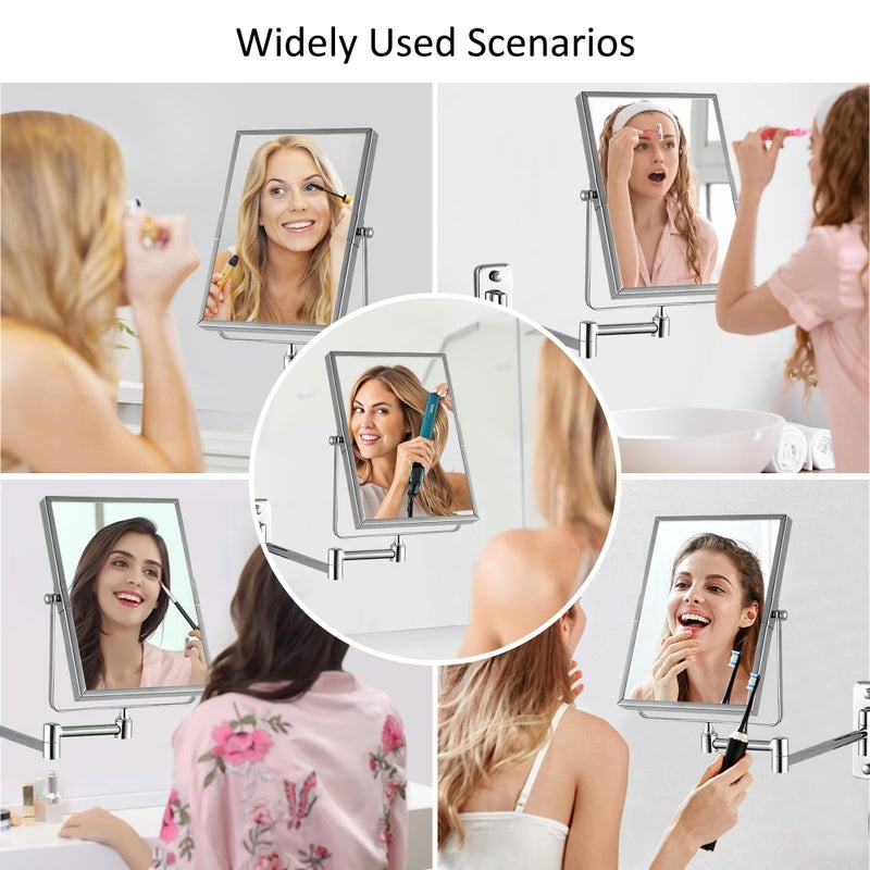 QiMH 3X Magnifying Wall Mounted Vanity Makeup Mirror | Rectangular 8x6 Inch with Extendable Arm | Polished Chrome Finish Double-Sided Swivel Mirror - Image 4